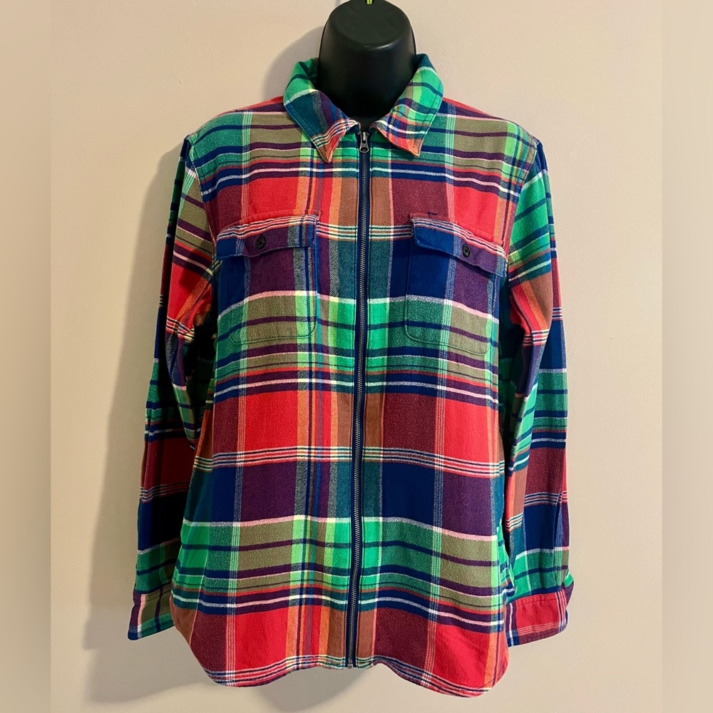 Chaps Women's Vibrant Madras Plaid Flannel Zip-up Jacket - Size Medium